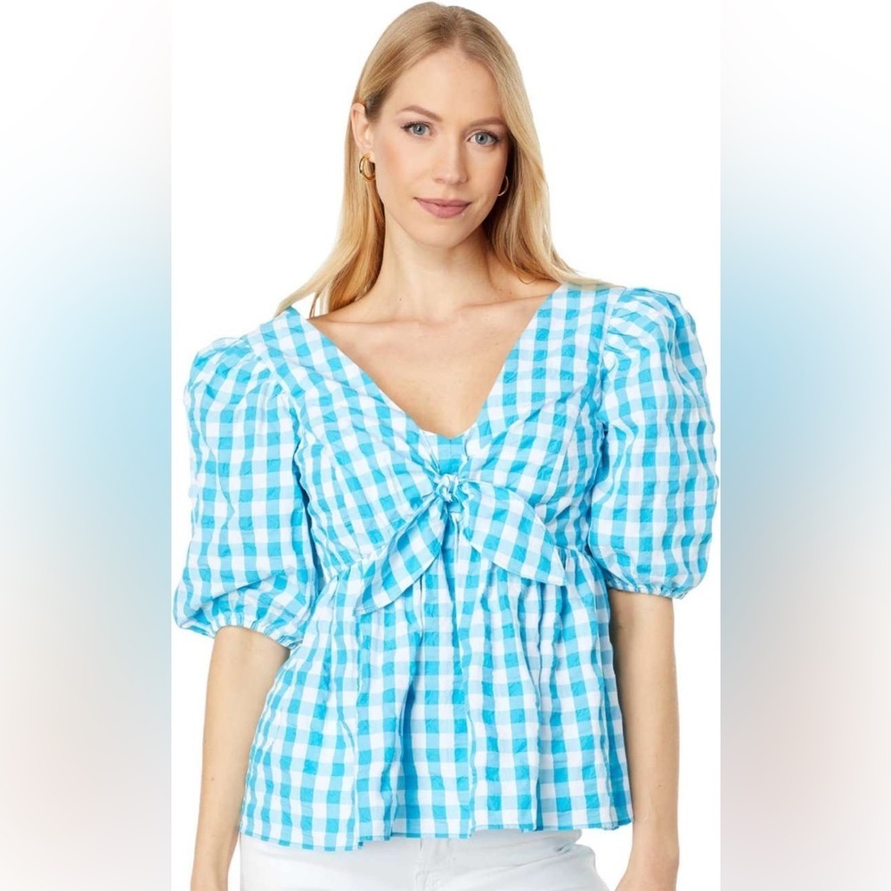 Lilly Pulitzer Sarafina Short Sleeve Turquoise Oasis Crinkle Gingham Size 6